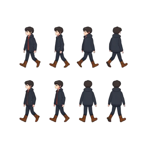 top-down player sprite, pixel-art. outfit: simple jacket + boots, readable silhouette. 8-frame walk cycle arranged as a 4x2 strip (n,s,e,w), consistent proportions, strong contrast. transparent background, clean outlines, no aa, loopable motion. negative:
