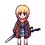 1 girl, airplane, blonde hair, blue eyes, coat, dress, katana, military, scarf, sheath, short hair, solo, sword, weapon, wind