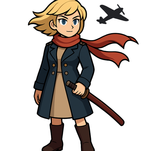1 girl, airplane, blonde hair, blue eyes, coat, dress, katana, military, scarf, sheath, short hair, solo, sword, weapon, wind