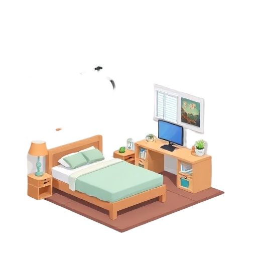 cozy room with a bed, table with computer, bike on a wall