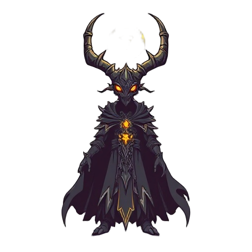 boss leo, high priest: towering regal silhouette, ornate insectoid mask, twin up-swept horns forming halo, flowing tattered vestments, glowing chest sigil, minimalist hollow-knight style