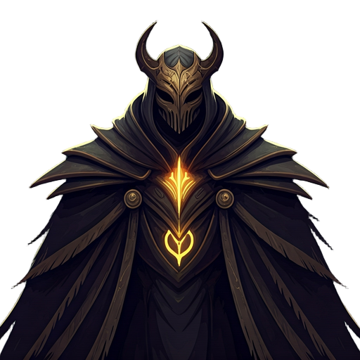 boss leo, high priest: towering regal silhouette, ornate insectoid mask, twin up-swept horns forming halo, flowing tattered vestments, glowing chest sigil, minimalist hollow-knight style
