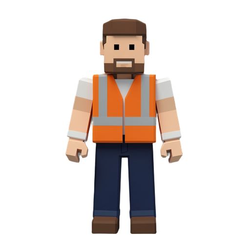 low poly voxel style humanoid dockhand wearing an orange safety vest and navy jeans