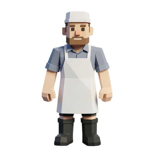 low poly voxel style humanoid fishmonger wearing a white apron and rubber boots