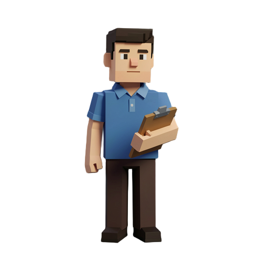 low poly voxel style humanoid warehouse manager wearing a polo shirt and dark brown pants with a clipboard
