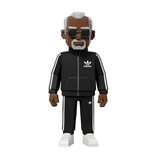 low poly voxel style humanoid retired old melanated police officer with thin rimmed sunglasses glasses, wearing a black adiddas tracksuit and white sneakers