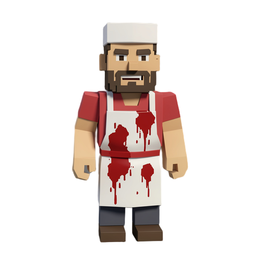 low poly voxel style humanoid butcher wearing a blood-stained white apron