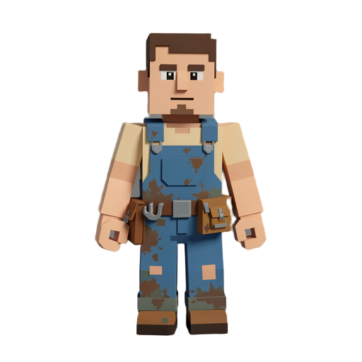low poly voxel style humanoid mechanic wearing grease-stained overalls and a tool belt