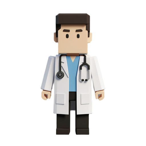 low poly voxel style humanoid doctor wearing a white lab coat and a stethoscope