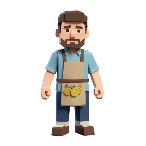 low poly voxel style humanoid street vendor wearing casual clothes and a small coin apron