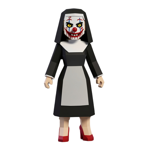 low poly voxel style female humanoid killer wearing a nun's outrfit with a scary blood stained clown facemask and red high-heels