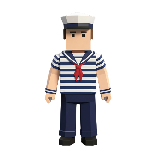 low poly voxel style humanoid sailor wearing a striped shirt and navy pants