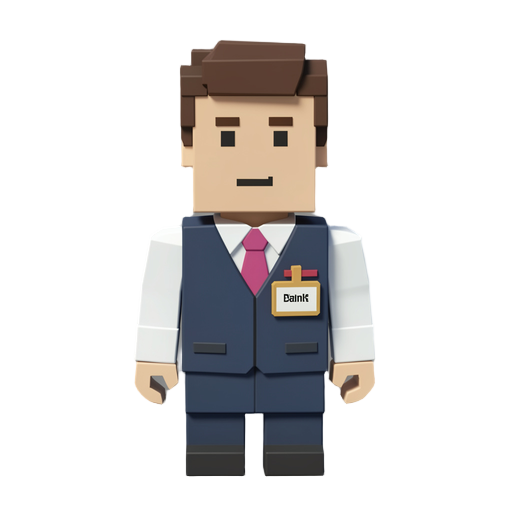 low poly voxel style humanoid bank teller wearing a uniform vest and a name tag