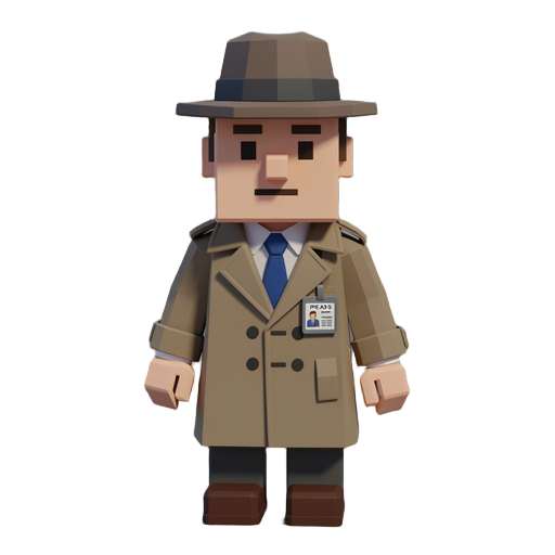low poly voxel style humanoid journalist wearing a trench coat and a fedora with a press pas