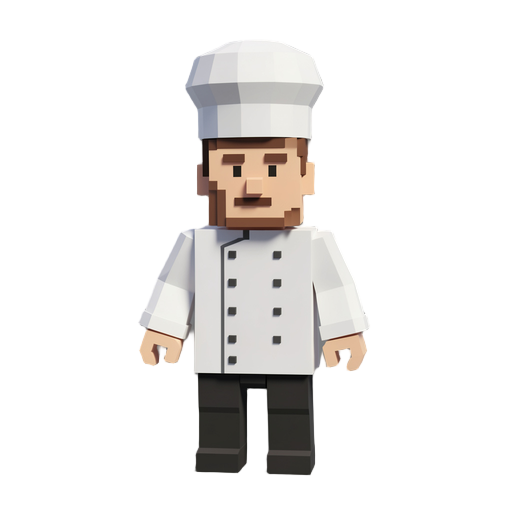 low poly voxel style humanoid baker wearing a white chef coat and a baker hat
