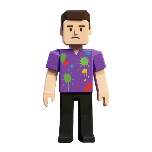 low poly voxel style humanoid artist wearing a paint-splattered purple shirt and black pants