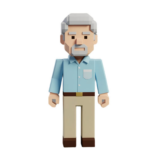 low poly voxel style humanoid retired teacher wearing a light blue shirt and beige slacks