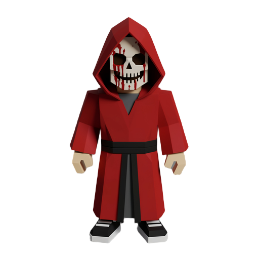 low poly voxel style humanoid killer wearing a red grim reaper costume with a scary blood stained facemask and black sneakers