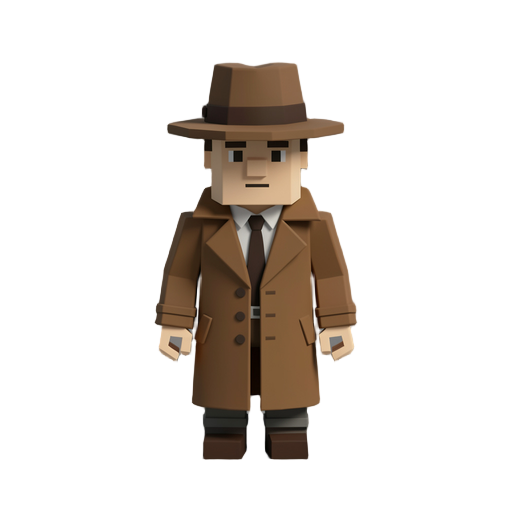 low poly voxel style humanoid detective wearing a classic brown trench coat and fedora hat