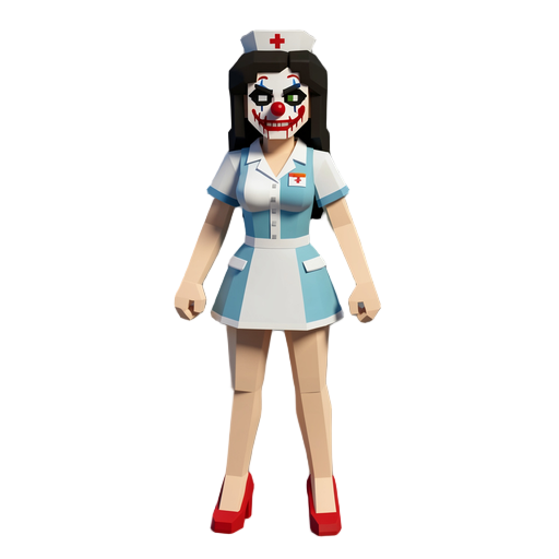 low poly voxel style female humanoid killer wearing a sexy nurses outrfit with a scary blood stained clown facemask and red high-heels
