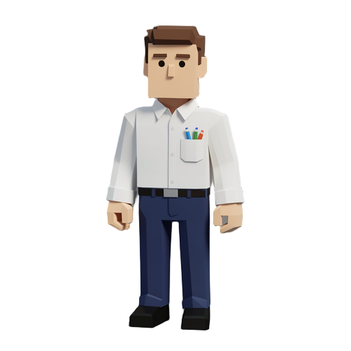 low poly voxel style humanoid architect wearing a neat white shirt with pens and pencils in the top pocket with dark blue trousers and black shoes