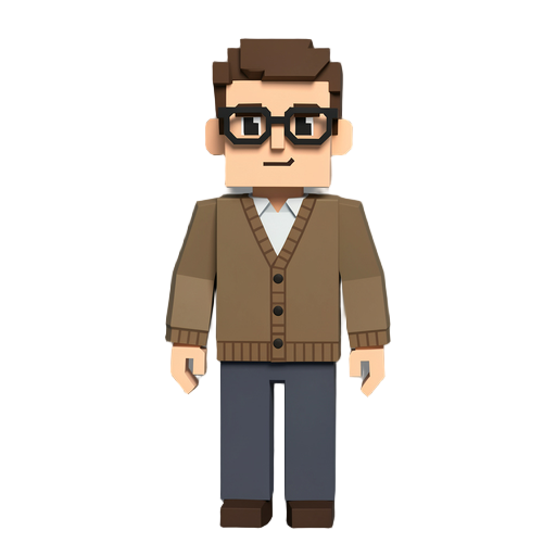low poly voxel style humanoid librarian wearing a cardigan sweater, glasses, and slacks