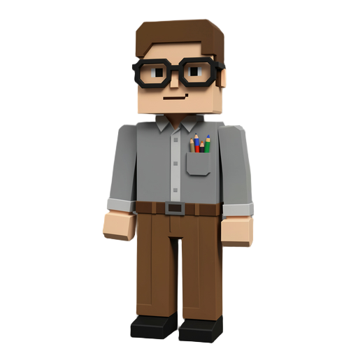 low poly voxel style humanoid schoolteacher with thick rimmed glasses, wearing a neat grey shirt with pens and pencils in the top pocket with brown pleated trousers and black shoes