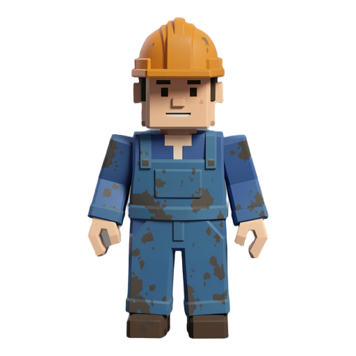 low poly voxel style humanoid factory worker wearing dirty blue coveralls