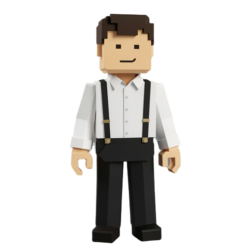 low poly voxel style humanoid accountant wearing a crisp white shirt, suspenders, and black slacks