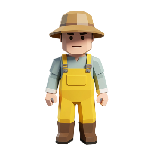 low poly voxel style humanoid fisherman wearing yellow waterproof overalls and a bucket hat