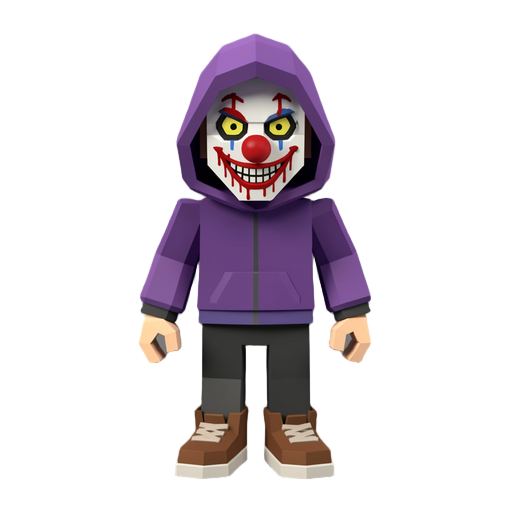 low poly voxel style humanoid killer wearing a purple hoodiw with a scary blood stained clown facemask and brown sneakers