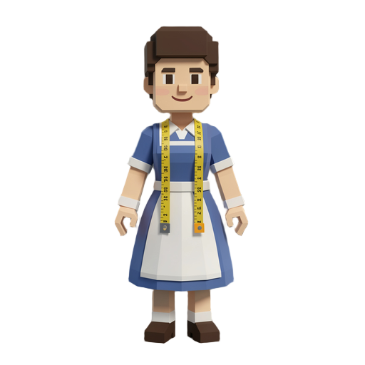 low poly voxel style humanoid seamstress wearing a neat dress and a tape measure around the neck