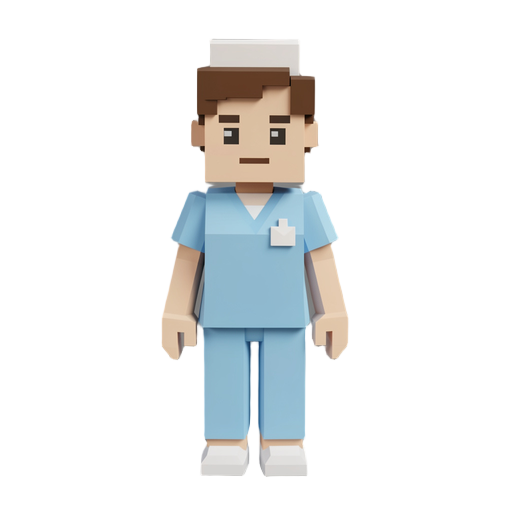 low poly voxel style humanoid nurse wearing light blue medical scrubs
