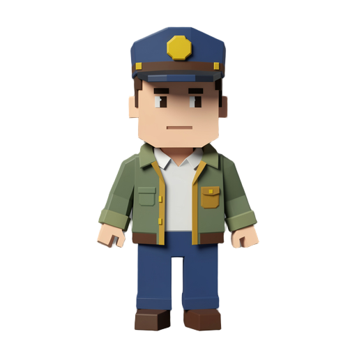 low poly voxel style humanoid taxi driver wearing a casual jacket and a driving cap