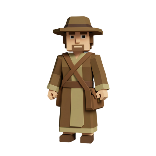low poly voxel style humanoid herbalist wearing earth-tone robes and a satchel