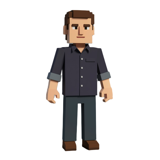 low poly voxel style humanoid bar owner wearing a dark button-up shirt with sleeves rolled up. full body