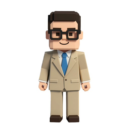 low poly voxel style humanoid city clerk wearing a beige suit and glasses