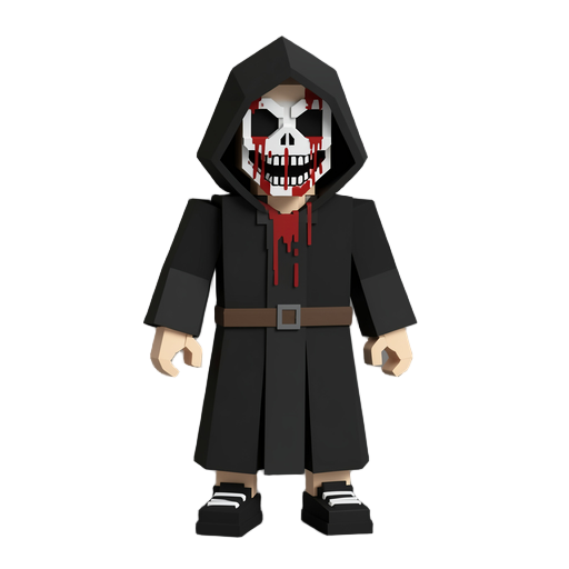 low poly voxel style humanoid killer wearing a black grim reaper costume with a scary blood stained facemask and black sneakers