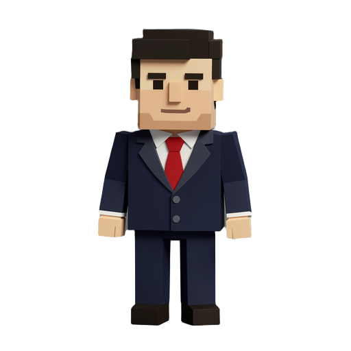 low poly voxel style humanoid lawyer wearing a sharp dark navy suit and a red tie