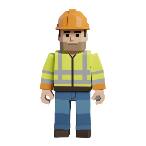 low poly voxel style humanoid dock supervisor wearing a high-vis jacket, hard hat, and jeans