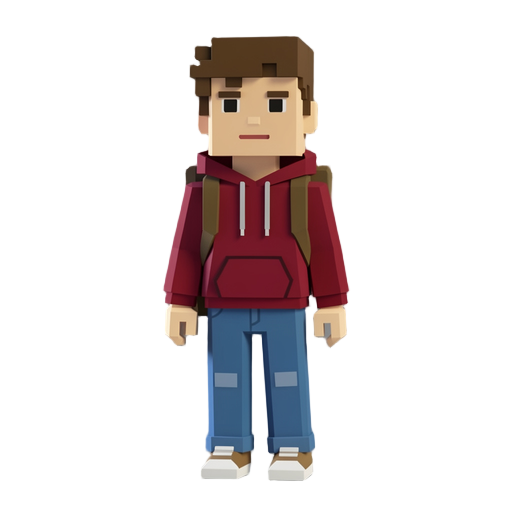 low poly voxel style humanoid student wearing a crimson red hoodie and blue jeans with a backpack