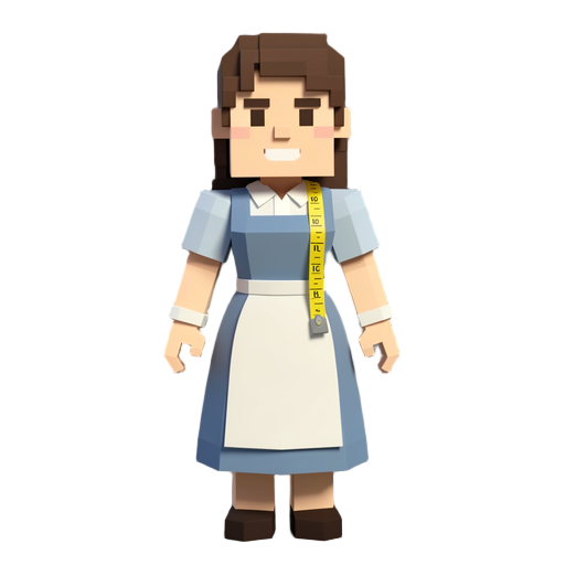 low poly voxel style humanoid seamstress wearing a neat dress and a tape measure around the neck