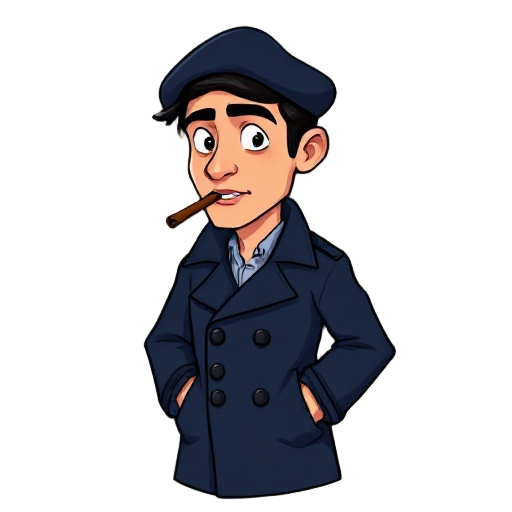 man wearing a dark blue beret, with a dark blue buttoned trench coat. medium-length black hair. prominent cheekbones and a pronounced jawline. with a lit cigar in his mouth.