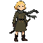 1 girl, blonde hair, blue eyes, coat, dress, katana, military, scarf, sheath, short hair, solo, sword, weapon, wind,full length