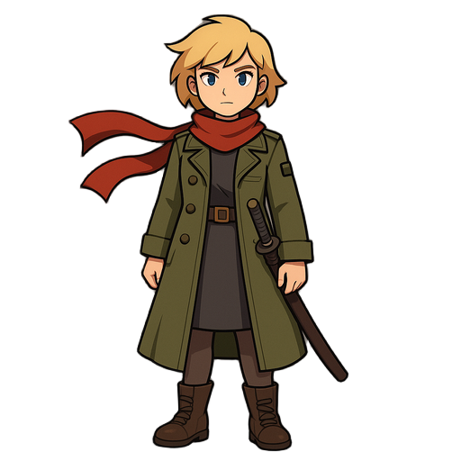 1 girl, blonde hair, blue eyes, coat, dress, katana, military, scarf, sheath, short hair, solo, sword, weapon, wind,full length