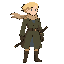 1 girl, blonde hair, blue eyes, coat, dress, katana, military, scarf, sheath, short hair, solo, sword, weapon, wind,full length