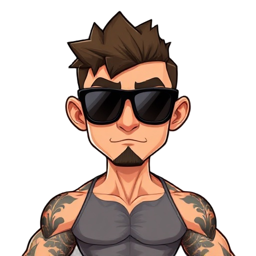un persona musculosa con tatuajes en los brazos , sin camisa , con lentes de sol grandes negros, y rapado de la cabeza