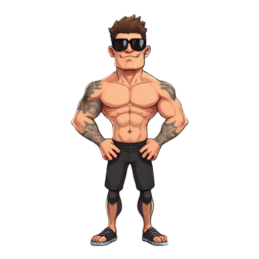 un persona musculosa con tatuajes en los brazos , sin camisa , con lentes de sol grandes negros, y rapado de la cabeza