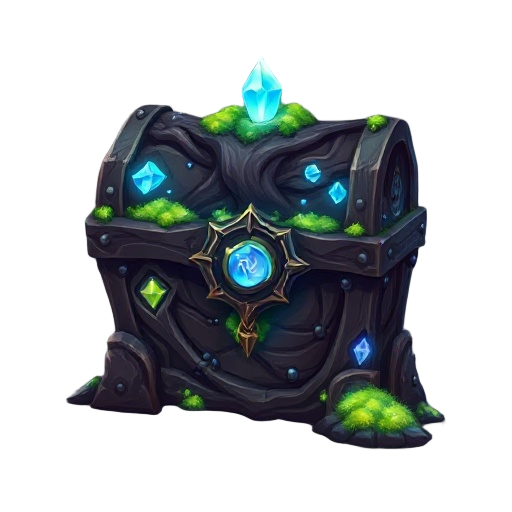mystical ancient chest: dark wood intertwined with bright metal and luminous crystals. magic lock (orb/runes), bioluminescent moss, arcane symbols. evokes mystery and power.