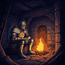 medieval knight in full plate amour sit by campfire in dungeon